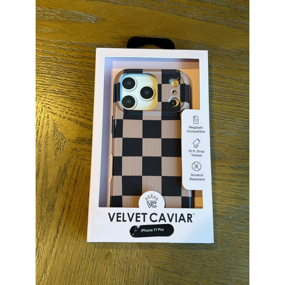 Velvet Caviar iPhone 17 Pro Case Tan Black Checkerboard MagSafe Protective